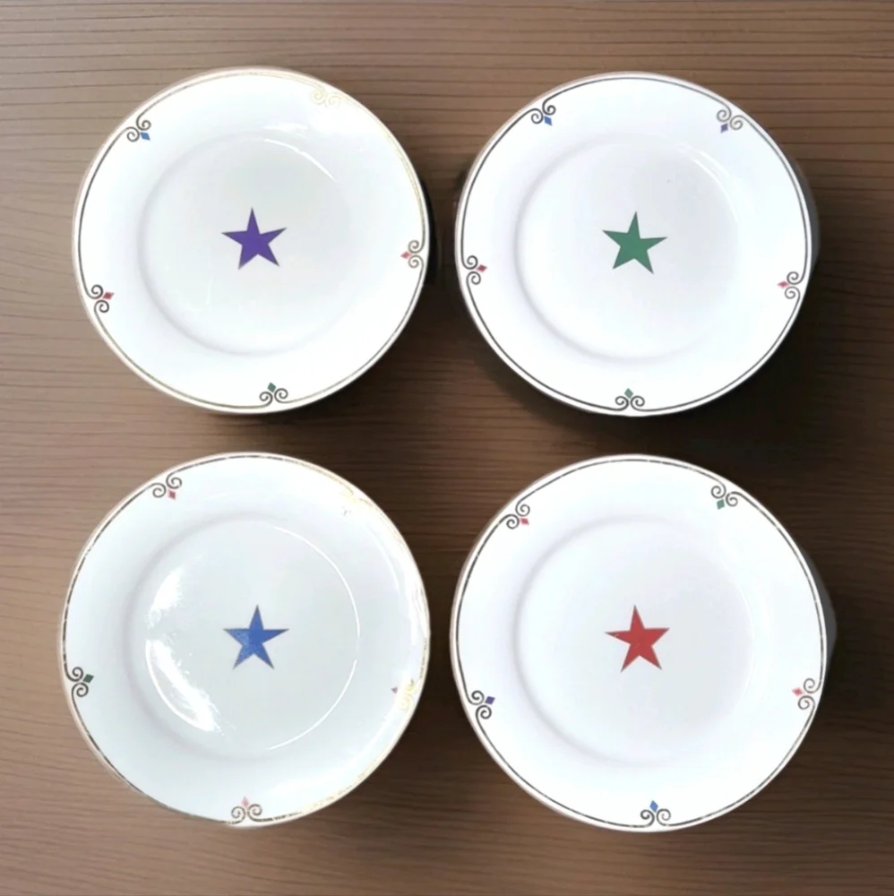 Pier 1 Celebration Star Plates – Set of 4 (Red, Blue, Green, Purple) – Porcelain